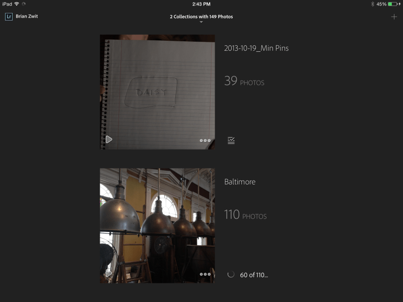 Screen shot of Home screen in Lightroom Mobile